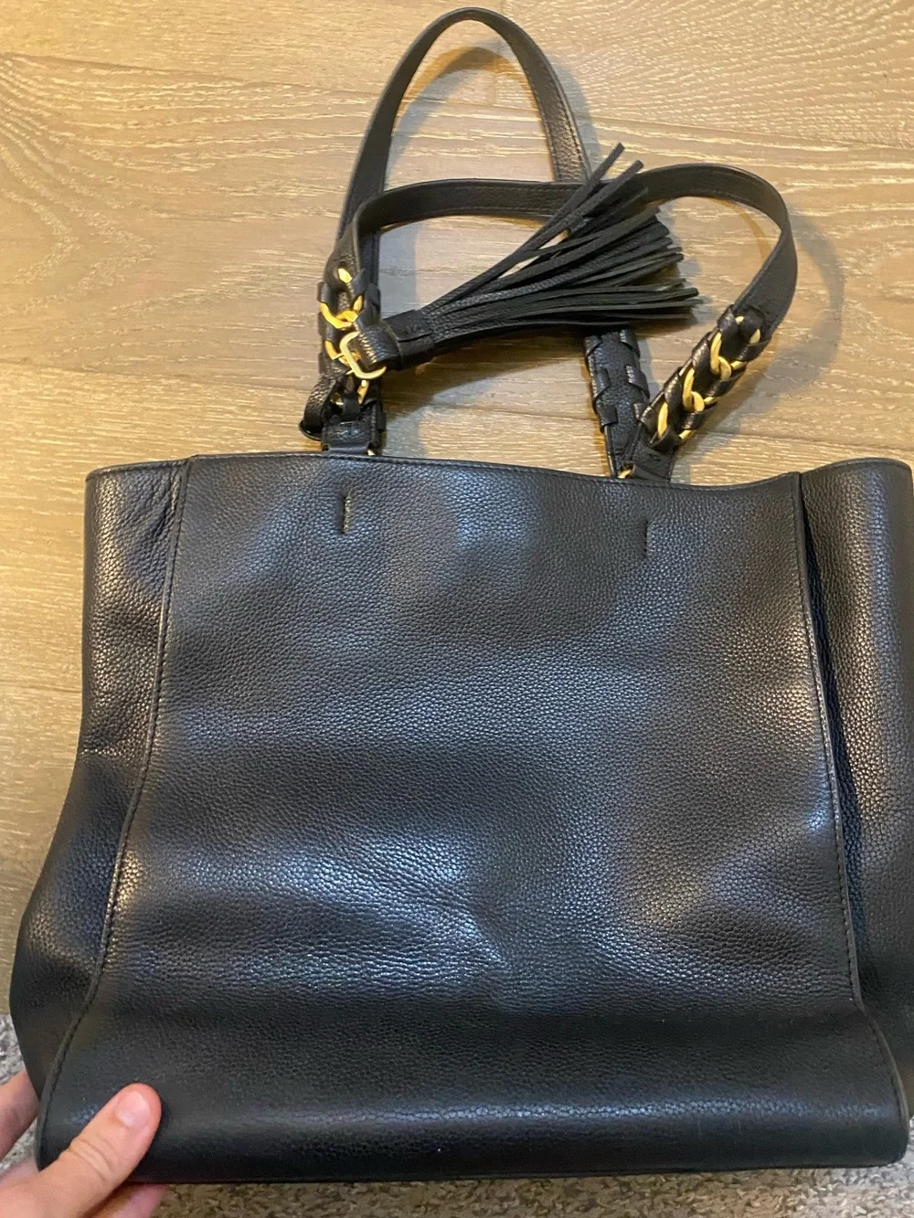 Tory Burch Black Pebbled Leather Brooke Tote Bag Purse Braided Strap Tassel Gold